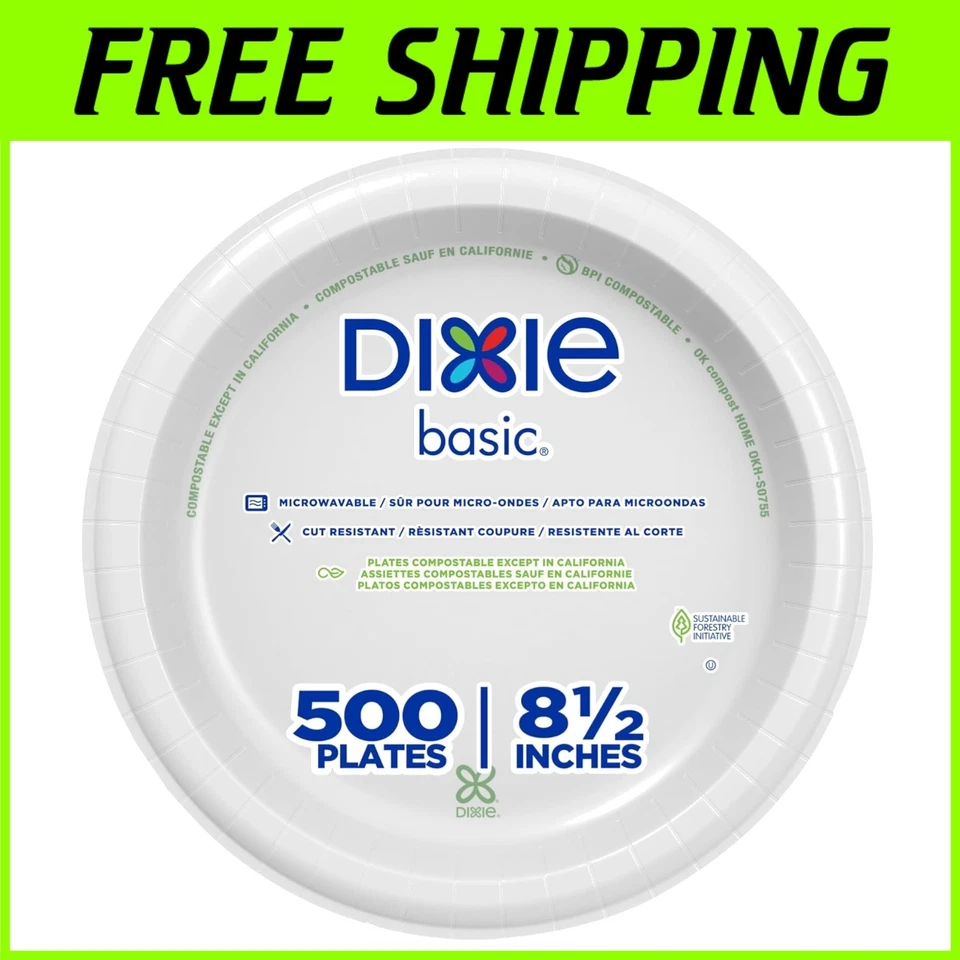 Dixie Basic 8.5" Disposable Paper Plates, White, 500 Count - Image 1 of 4