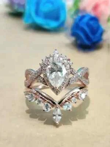 0.35Ct Pear Natural Moissanite Women Bridal Set Ring 14K Rose Gold Plated Silver - Picture 1 of 7