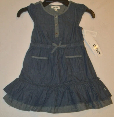 Girl's DKNY Dark Wash Short Sleeve Ruffle Denim Dress Sizes 5, 7, 8 - Image 1 of 3