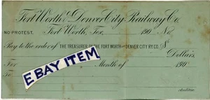 1906 TEXAS Bank Check FORT WORTH & DENVER CITY RAILWAY railroad COLORADO - Picture 1 of 1