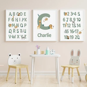 Safari Kinderzimmer Drucke | Tierdekor Mädchen Junge | ABC 123 | Personalisiertes Baby Geschenk - Bild 1 von 8