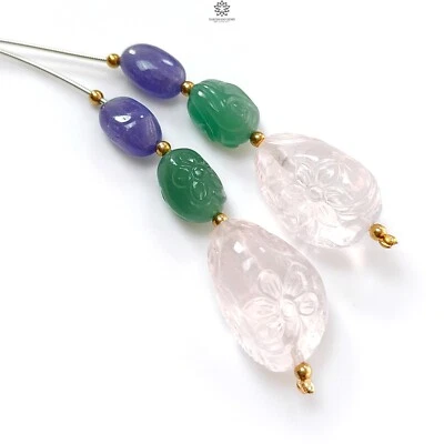 132.40ct Pink Quartz & Blue Tanzanite Carved Fancy Beads 14*9mm - 26*17mm 2.50" - Image 1 of 4