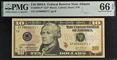 2004A $10 Federal Reserve Note PMG 66EPQ Atlanta low serial star 371 Fr 2039-F* - Image 1 of 3