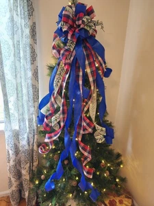 The Collette Red, Blue, and White Farmhouse Christmas Tree Topper bow 6 feet - Picture 1 of 10