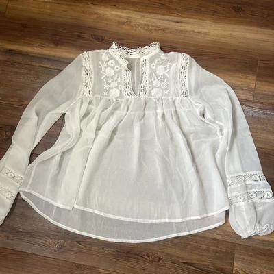 Blusa Boho Mujer Pequeña Encaje Floral Manga Larga Boho Romántica Top Blanca Foto 1 de 4