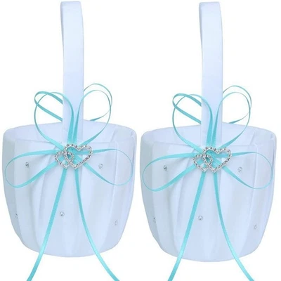 Cesta de almacenamiento de flores de boda de 2 piezas para niñas, blanca satinada con corazón... Foto 1 de 4