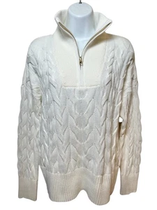 LANDS END Drifter Pullover Größe SMALL 4-6 elfenbeinfarben Zopfmuster 1/4-Reißverschluss 100 % Baumwolle - Bild 1 von 11
