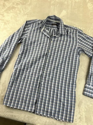 Camisa de vestir Canali para hombre manga media larga azul gris cuadros guinga hecha en Italia Foto 1 de 4