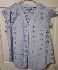 Cece Eyelet Flutter Sleeve Top Pastel Blue Cotton V-Neck Womens Large - Picture 1 of 3