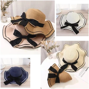 Outdoor Women Summer Wide Brim Stripe Top Beach Sun Visor Hat Straw Bow Tied Hat - Picture 1 of 14
