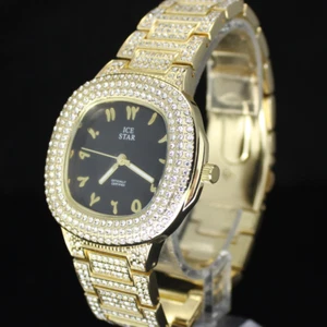 Herren Arabische Ziffern Analog Lünette 44mm CZ Vergoldet Metall Quarz Luxus Uhr - Bild 1 von 9