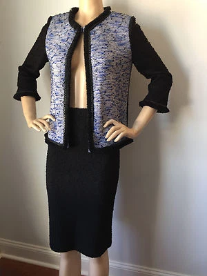 NEW ST JOHN KNIT SIZE 4 SKIRT SUIT JACKET BLACK IMPERIAL BLUE TWEED BOUCLE  WOOL - Image 1 of 4
