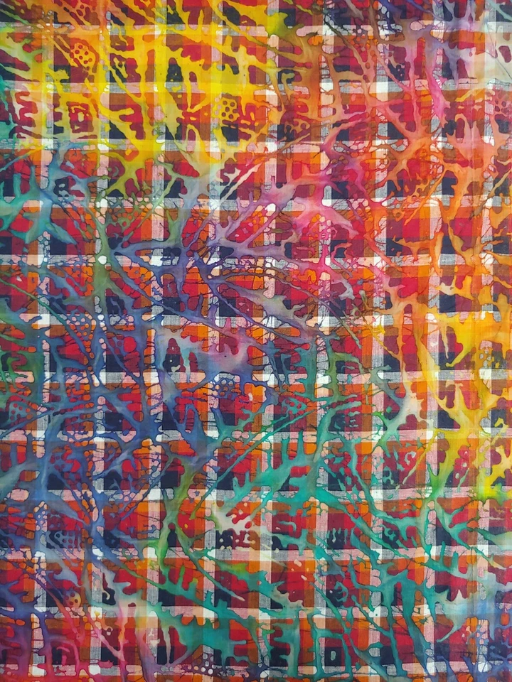 Unique BATIK Plaid KALEIDOSCOPE 58 All Cotton Fabric BY THE YARD Free Ship - Image 1 of 2