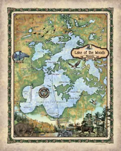 Arte de mapa de Lake of the Woods Minnesota y Ontario - Póster de mapa de lago para decoración del hogar - Imagen 1 de 6