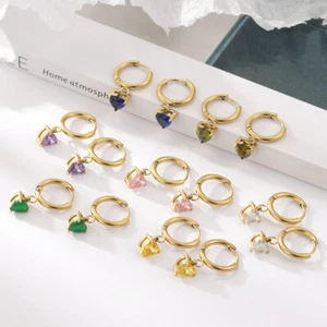 18ct Gold-Plated Hoop Earrings with Cubic Zirconia Heart Drop Charm (7 Colours) - Picture 1 of 9