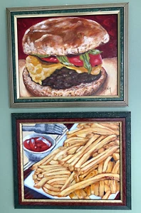 CHEESEBURGER & FRENCH FRIES, Art by Mona, Acrylic Paintings, 8"x10", NOT A PRINT - Picture 1 of 3