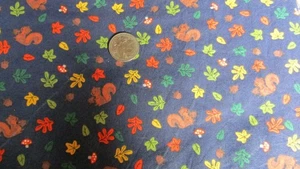 AUTUMN Vintage SQUIRRELS MUSHROOMS LEAVES On BLUE 1990's COTTON Fabric- shy 2 yd - Picture 1 of 2