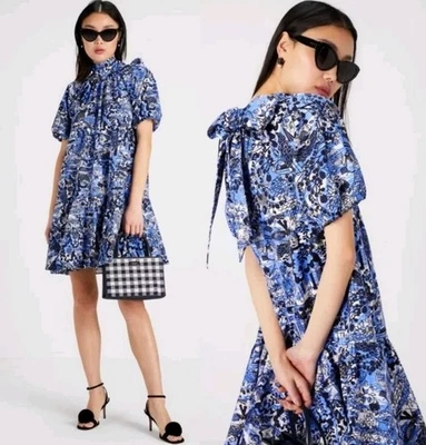 NWOT KATE SPADE NY Blue Scenic Stroll Puff Sleeve Tie Back Mock Neck Dress XXL - Image 1 of 4