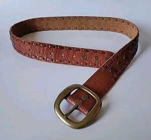 Lucky Brand Vintage Studded Brown Leather Belt XS Adjustable Brass Buckle Hippie - Picture 1 of 12