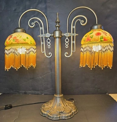 Vtg Double Glass Beaded Art Reverse Hand Painted Table Lamp Butterfly & Flowers - Image 1 of 4