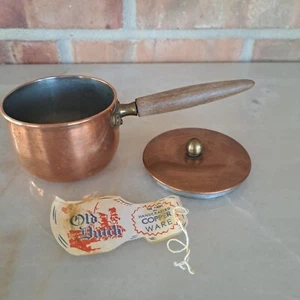 Vintage, alter niederländischer handgefertigter Kupferwaren Mini Kochtopf mit Holzgriff und Deckel - Bild 1 von 6