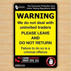 Trading Standards UNINVITED TRADERS Warning Sticker Crime Stoppers Door Sign - Picture 1 of 11