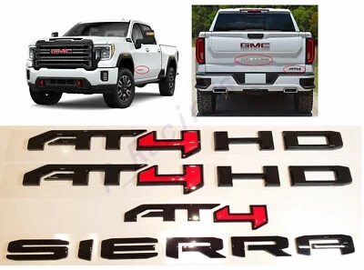 4PCS Gloss Black Red AT4 HD Emblems Sierra Letters Fit GMC Sierra 2500HD 3500HD - Image 1 of 4
