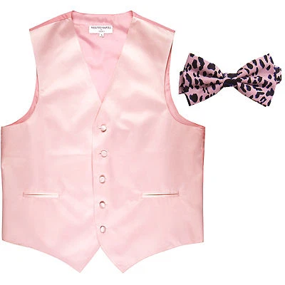 New Men's Formal Vest Tuxedo Waistcoat light pink with Leopard pink Bowtie prom - Image 1 of 4