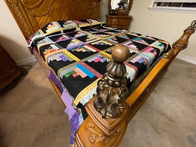 King Size Machine pieced LogCabin  patchwork quilt top - Image 1 of 4