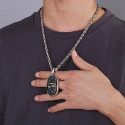 Collar colgante de lobo con etiqueta de medalla vintage para hombre cadena de acero inoxidable plata de 24"" Foto 1 de 4