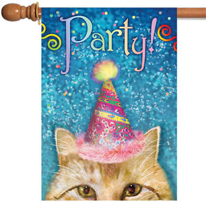 Toland Party 28x40 Kitty Cat Celebrate New Years Colorful House Flag