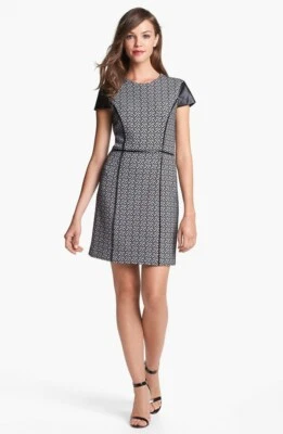 Cynthia Steffe $228 Snow Ponte Jacquard Dress Sz 4 Faux Leather Cap-Sleeve &Trim - Image 1 of 4