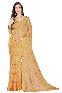 Women's Indian Chiffon Zari Woven Ethnic Beige Saree With Unstitched Blouse