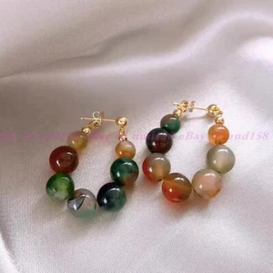 Fine Real Natural Peacock Agate Round Gemstone Beads Dangle Stud Earrings - Picture 1 of 5