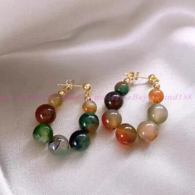 Fine Real Natural Peacock Agate Round Gemstone Beads Dangle Stud Earrings - Image 1 of 4