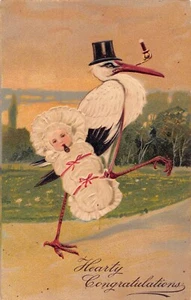 Vintage Baby Congratulation Stork Carrying Baby Girl 1912 - Picture 1 of 2