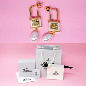 Vivienne Westwood Earrings Gold Plated & White Orb Padlock Dangles Gift Box Set - Picture 1 of 11