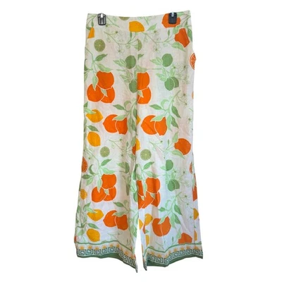 Nuevos Pantalones Rachel Zoe Pierna Ancha Blanco Verde Naranja Talla M Limón Mezcla de Lino Foto 1 de 4