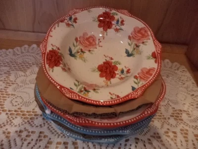 Pioneer Woman Rose Toss Low Rim Bowl-9" Juego de 4-2 ROJO-2 Azul-NUEVO EN CAJA-RARO Foto 1 de 2