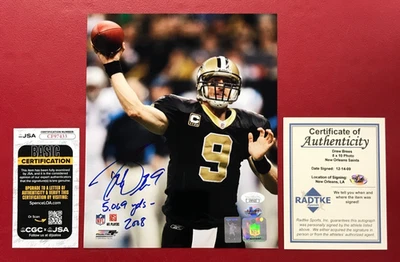 Drew Brees Autographed 8x10 Photo JSA w/COA #9 NFL NOLA Saints 2008 5,069 YDS! - Image 1 of 4