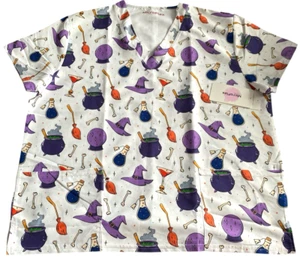 MicroFlex Unisex Scrub Top 2XL Halloween Hexenkessel Besen Hut Druck Neu mit Etikett - Bild 1 von 6