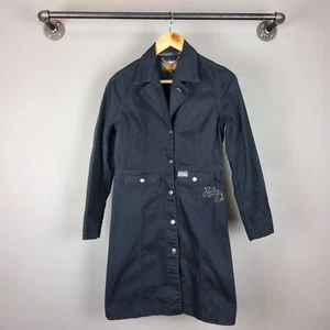 Harley Davidson Authentic Black Denim Trench Coat Embroidered Logos Size XS - Picture 1 of 7