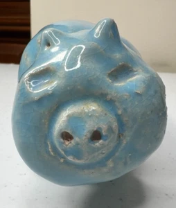 Vintage Handmade Pottery Pig Piggy Bank Blue Glaze Signed Unique Silly Cute OOAK - Picture 1 of 6