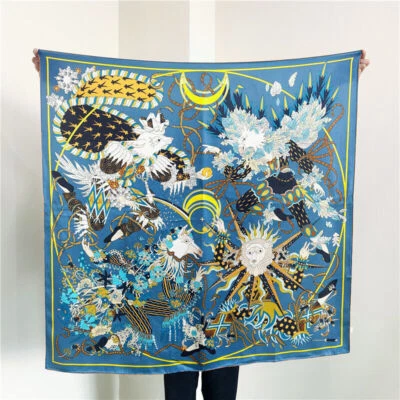 100% Pure Satin Silk Wrap Scarf Shawl Aztec King Print Hand rolled Kerchief 43" - Image 1 of 4