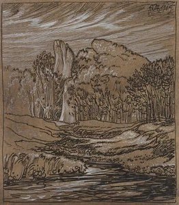 E. STEPPES (1873-1968), Landschaft am Fluss,  1915, Feder Symbolismus Landschaft - Picture 1 of 4