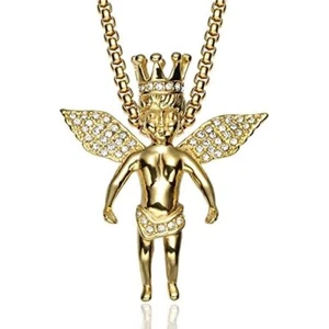 Noble Tono Oro Chapado Mini Ángel Rey Corona Colgante 24" Caja Cadena Joyería - Imagen 1 de 6