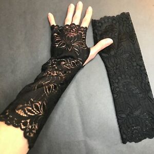 Long Black Floral Lace Gloves Goth Wedding Cuffs Fishnet Bridal Hand Covers Psy