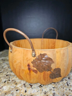 Pier One Rustic Hand Carved Pumpkin Bowl With Metal Handles and Leaf Accent - Image 1 of 4