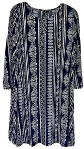 ND New Direction PL Dress Navy Blue & White Paisley 3/4 Sleeve 3 Gold Rings - Picture 1 of 7