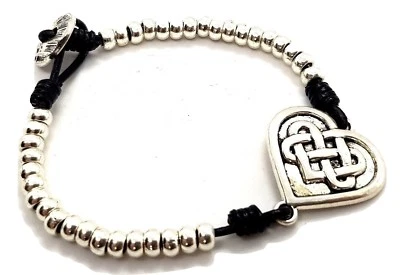 Celtic Heart Knot Bracelet 925 Silver Plated Beads Real Leather Cord & Plush Bag - Image 1 of 4